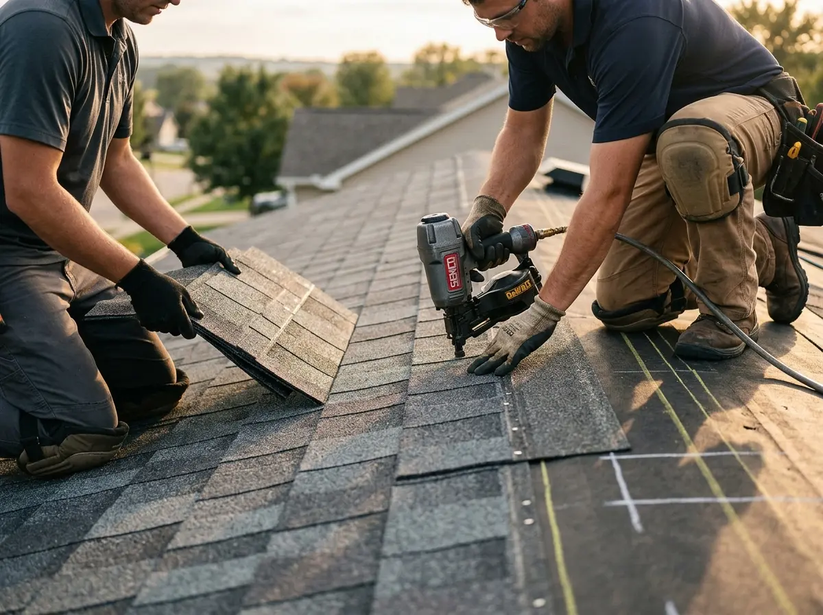 Professional roofer working on a residential roof in Temescal Valley